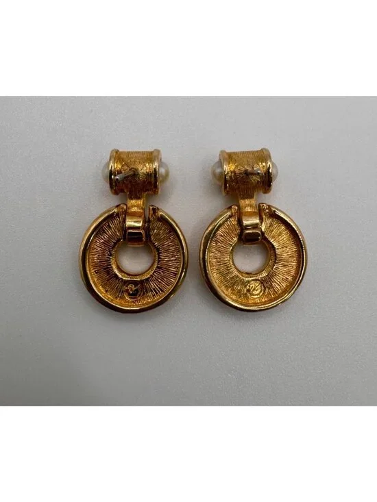 Swarovski Door Knocker Earrings Gold Tone Rhinestone Dangle Signed VTG Pierced - Picture 5 of 7